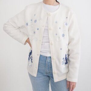 Vintage Craft Barrel White Blue Embroidered Snowmen Button Fleece Cardi PL